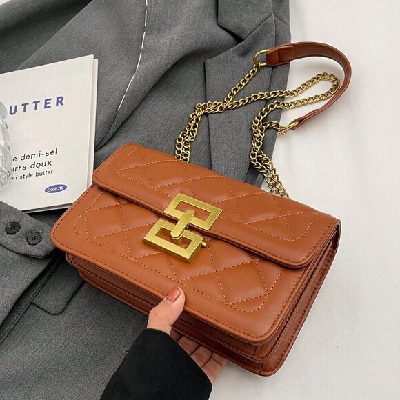 Brown Elegant Women's Square Crossbody Bag With Chain Strap - Picture 7 of 7